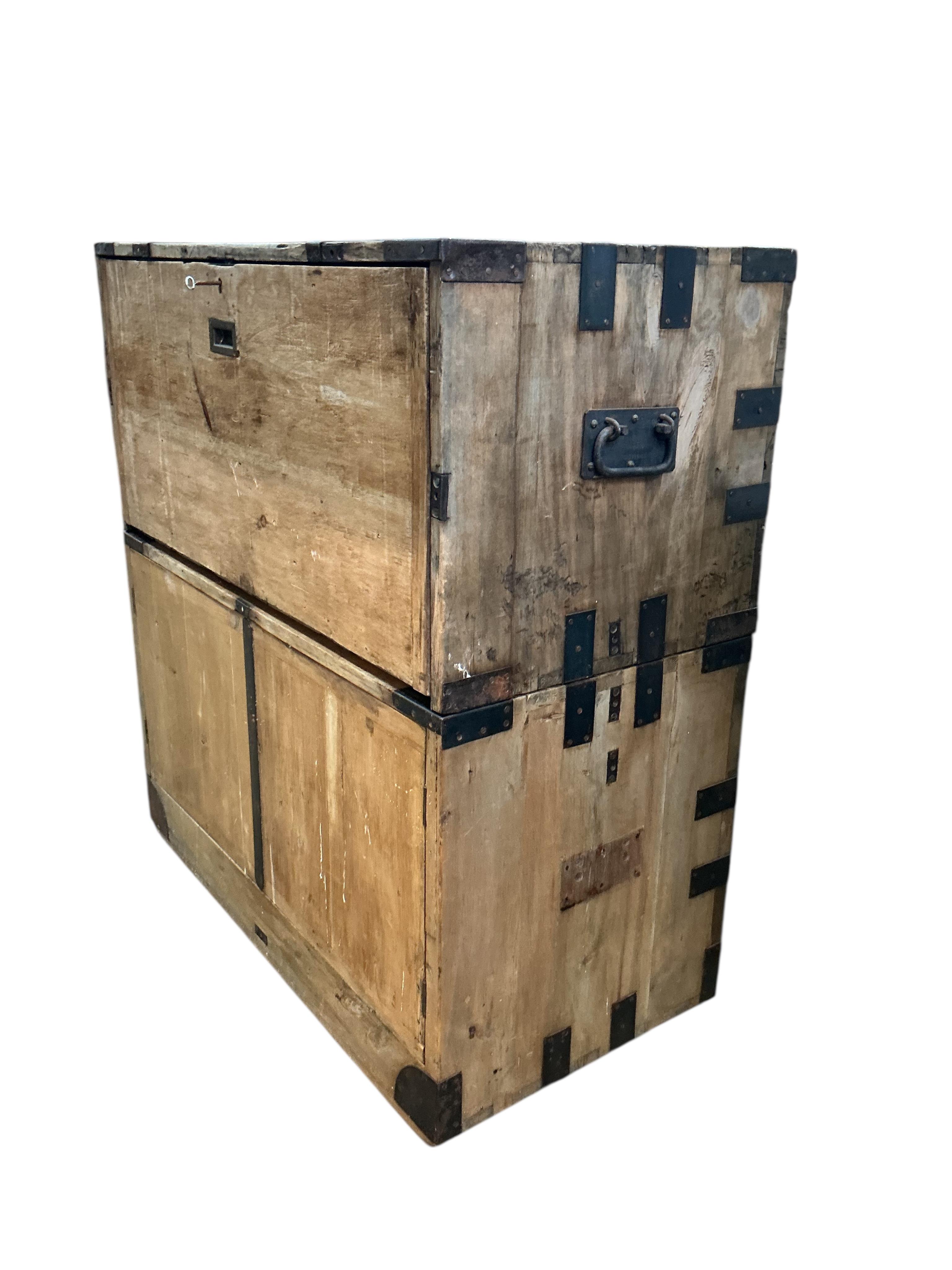 A 19th century pine two section military chest, width 106cm, depth 54cm, height 114cm, Provenance: By repute once the property of Frederick Matte (?) who was present at the Battle of Ladysmith